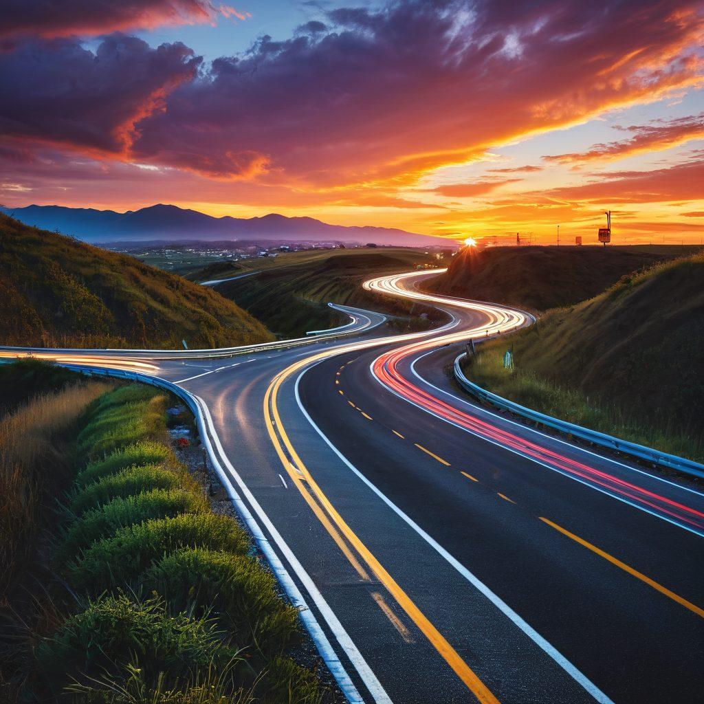 A winding road symbolizing the journey of obtaining affordable auto insurance, dotted with signposts indicating various vehicle protection options. In the background, a diverse array of cars parked, representing different insurance solutions. Include a vibrant sunset to create a hopeful atmosphere. The scene should be engaging and informative, appealing to readers seeking guidance. super-realistic. vibrant colors.