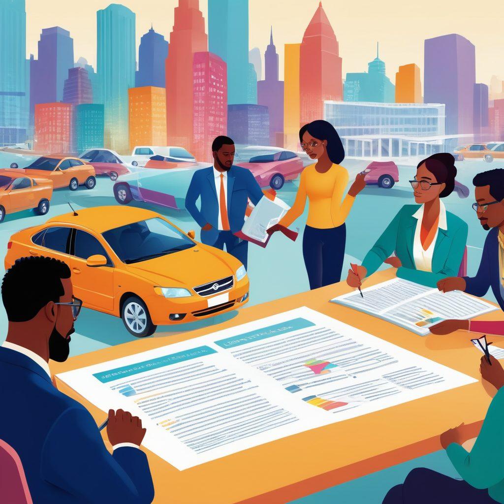 An illustration of a diverse group of individuals reviewing auto insurance policies at a table, surrounded by colorful car illustrations representing different coverage options. A large, transparent magnifying glass hovers over a policy, highlighting key terms with vibrant text. Background features illustrations of various vehicles and an urban skyline. The scene evokes a sense of collaboration and empowerment in understanding insurance. vector art. vibrant colors.
